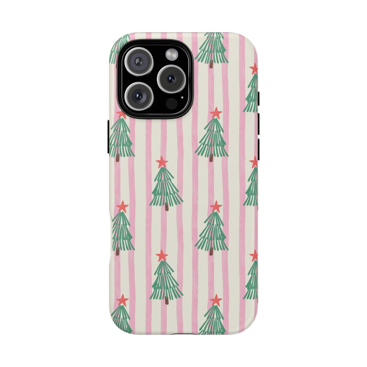 Retro Christmas Tree Tough iPhone Case, Pink Stripe Green Tree Holiday Phone Cover, Matte or Glossy