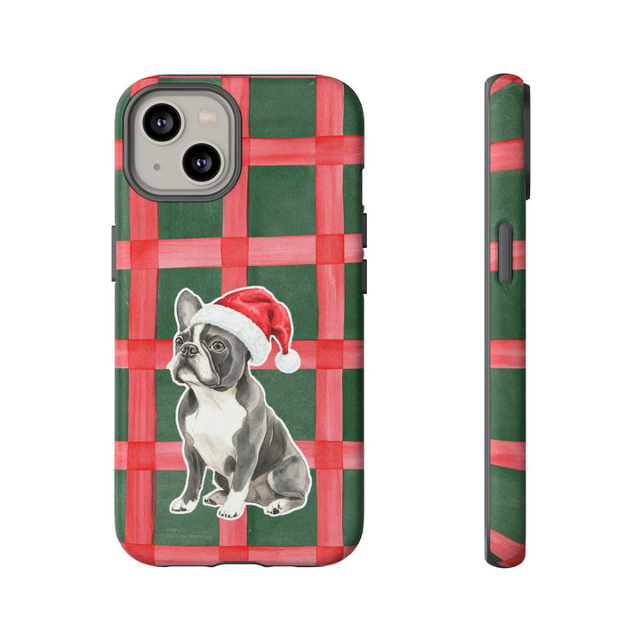 French Bulldog Christmas Tough iPhone Case, Red Green Plaid, Santa Dog Phone Cover