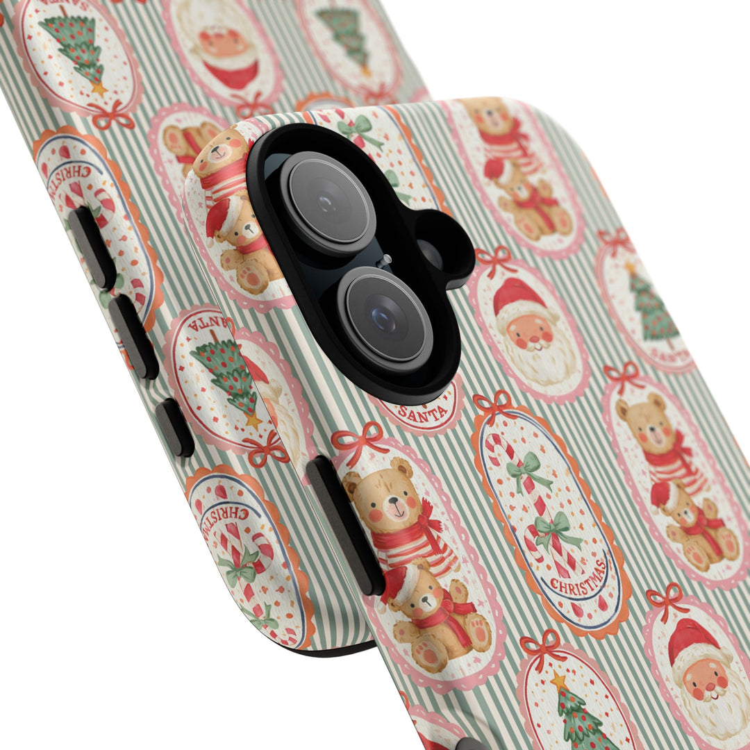 Vintage Santa Teddy Bear Tough iPhone Case, Christmas Candy Cane Green Stripe Phone Cover, Matte or Glossy