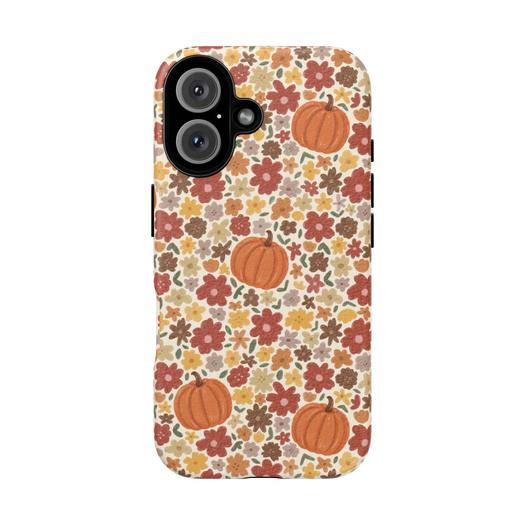 Floral Pumpkin Tough iPhone Case, Warm Autumn Flowers Fall Phone Cover, Matte or Glossy