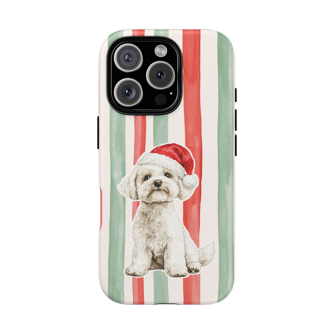 Maltese Christmas Tough iPhone Case, Red Sage Stripes, Santa Dog Phone Cover