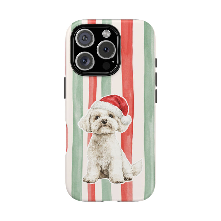 Maltese Christmas Tough iPhone Case, Red Sage Stripes, Santa Dog Phone Cover