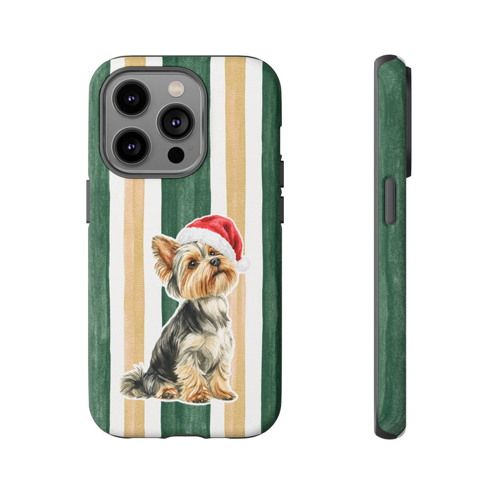 Yorkshire Terrier Christmas Tough iPhone Case, Green Gold Stripes, Santa Dog Phone Cover