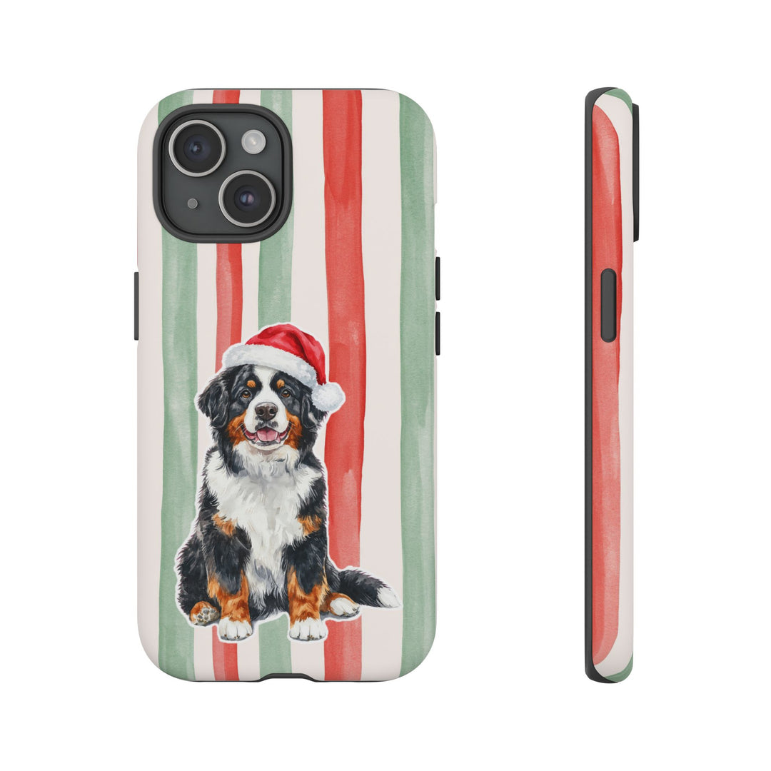 Bernese Mountain Dog Christmas Tough iPhone Case, Red Sage Stripes, Santa Dog Phone Cover