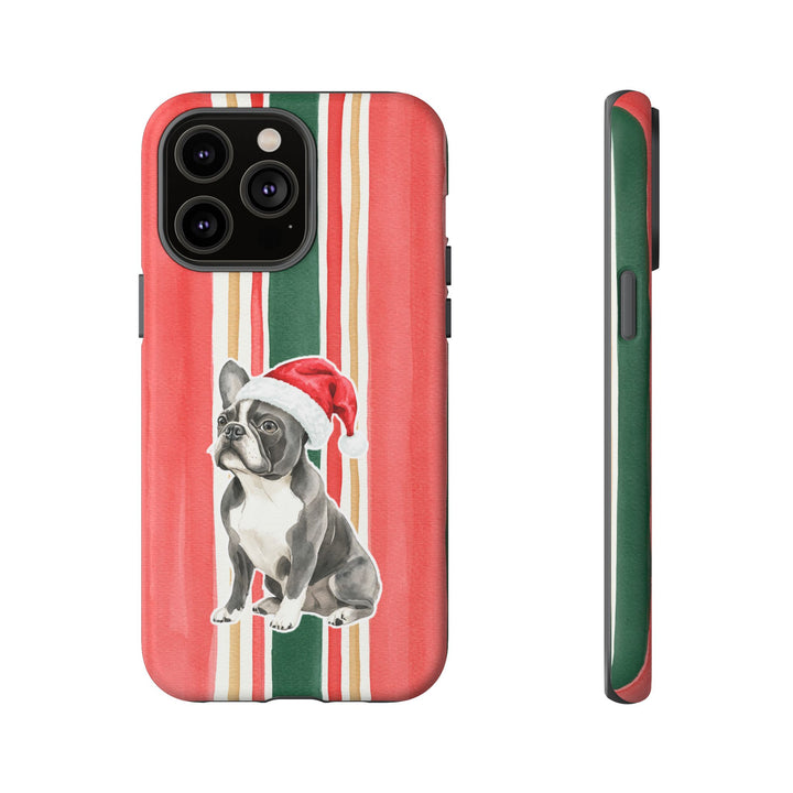 French Bulldog Christmas Tough iPhone Case, Classic Red Green Stripes, Santa Dog Phone Cover