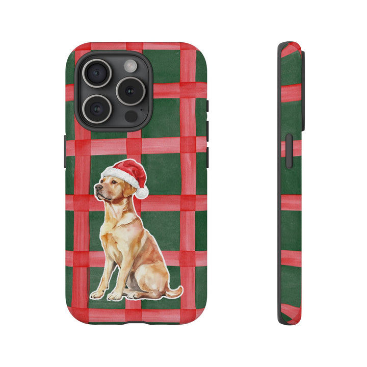 Yellow Labrador Christmas Tough iPhone Case, Red Green Plaid, Santa Dog Phone Cover