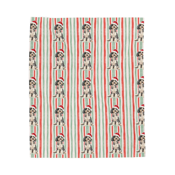Doodle Christmas Velveteen Plush Blanket, Red Sage Stripes, Santa Dog Throw