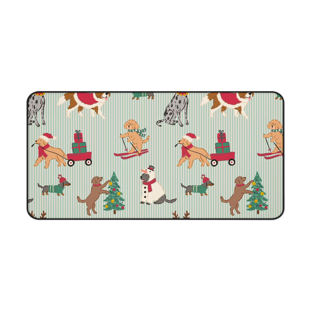 Christmas Dogs Desk Mat, Green Stripe Holiday Dog Desk Pad, Festive Office Decor