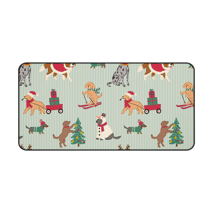 Christmas Dogs Desk Mat, Green Stripe Holiday Dog Desk Pad, Festive Office Decor