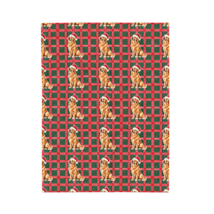 Golden Retriever Christmas Velveteen Plush Blanket, Red Green Plaid, Santa Dog Throw