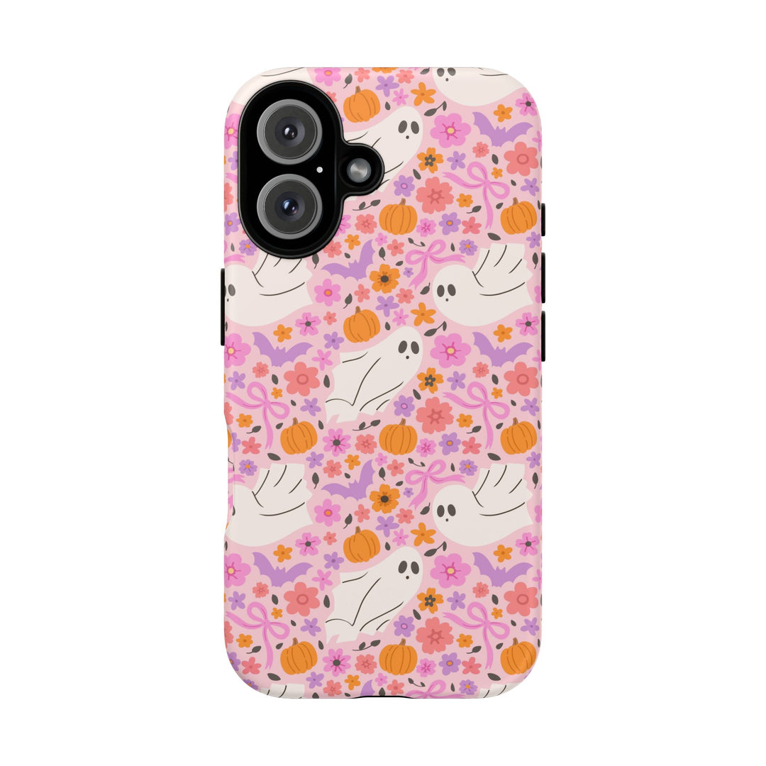 Pink Floral Ghost Tough iPhone Case, Cute Halloween Pumpkin Bat Phone Cover, Matte or Glossy