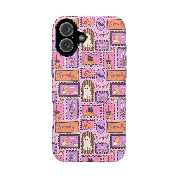 Pink Spooky Frames Tough iPhone Case, Halloween Ghost Black Cat Pumpkin Phone Cover, Matte or Glossy