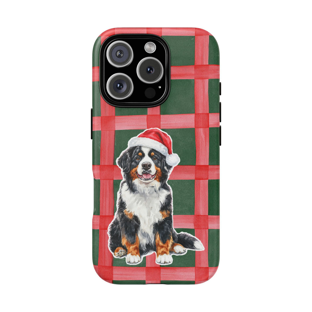 Bernese Mountain Dog Christmas Tough iPhone Case, Red Green Plaid, Santa Dog Phone Cover
