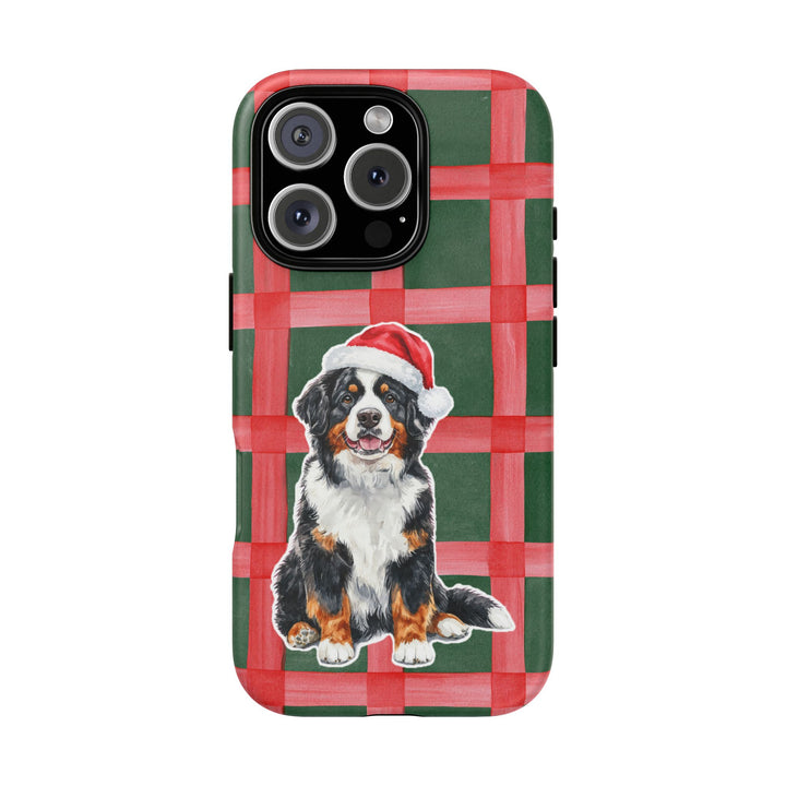 Bernese Mountain Dog Christmas Tough iPhone Case, Red Green Plaid, Santa Dog Phone Cover