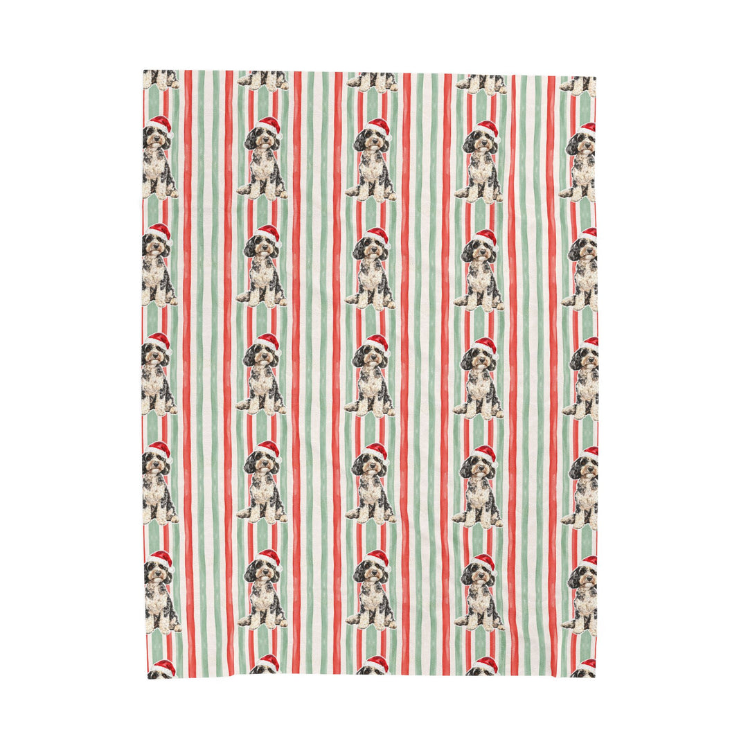 Doodle Christmas Velveteen Plush Blanket, Red Sage Stripes, Santa Dog Throw