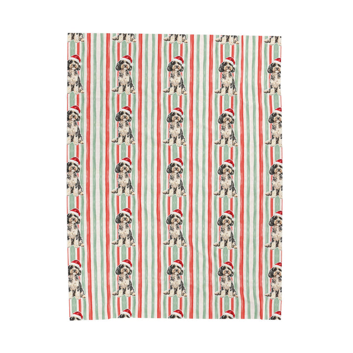 Doodle Christmas Velveteen Plush Blanket, Red Sage Stripes, Santa Dog Throw