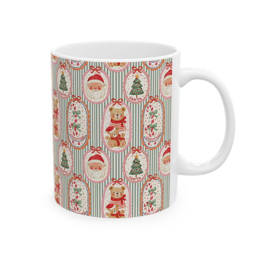 Santa Teddy Bear Ceramic Mug, Vintage Christmas Coffee Cup, Candy Cane Holiday Gift, 11oz and 15oz