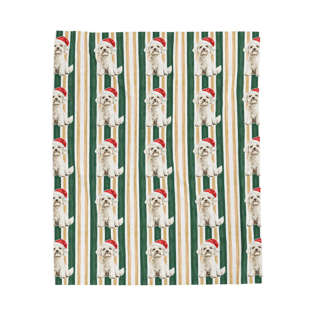 Maltese Christmas Velveteen Plush Blanket, Green Gold Stripes, Santa Dog Throw