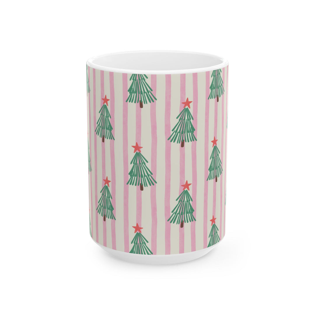 Pink Stripe Christmas Tree Ceramic Mug, Retro Green Tree Coffee Cup, Holiday Tea Gift, 11oz and 15oz