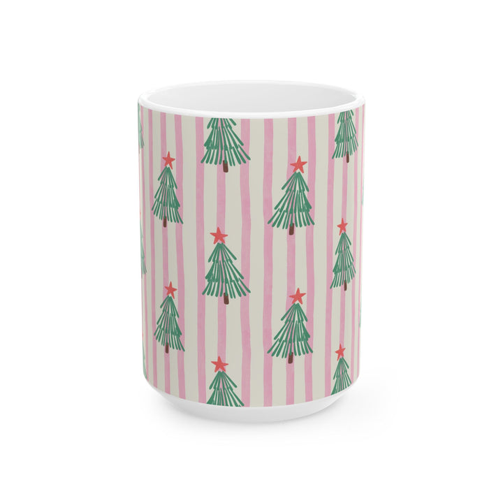 Pink Stripe Christmas Tree Ceramic Mug, Retro Green Tree Coffee Cup, Holiday Tea Gift, 11oz and 15oz