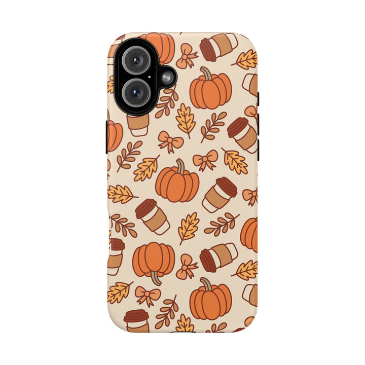 Pumpkin Coffee Tough iPhone Case, Fall Leaves and Bows Autumn Phone Cover, Matte or Glossy