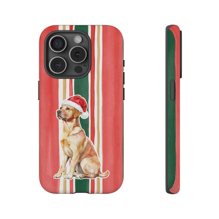 Yellow Labrador Christmas Tough iPhone Case, Classic Red Green Stripes, Santa Dog Phone Cover