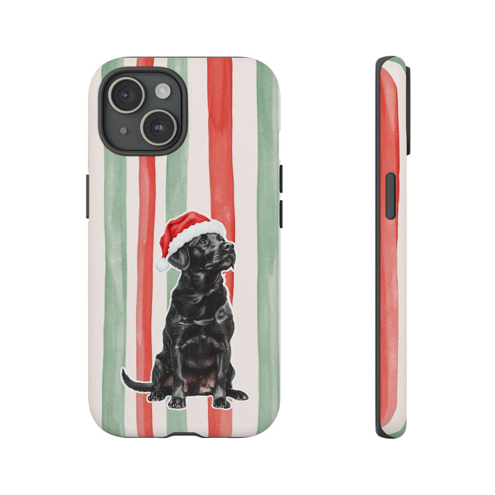 Black Labrador Christmas Tough iPhone Case, Red Sage Stripes, Santa Dog Phone Cover