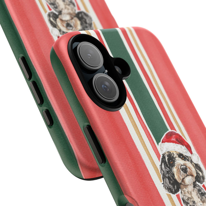 Doodle Christmas Tough iPhone Case, Classic Red Green Stripes, Santa Dog Phone Cover