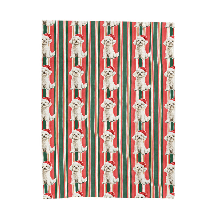 Maltese Christmas Velveteen Plush Blanket, Classic Red Green Stripes, Santa Dog Throw