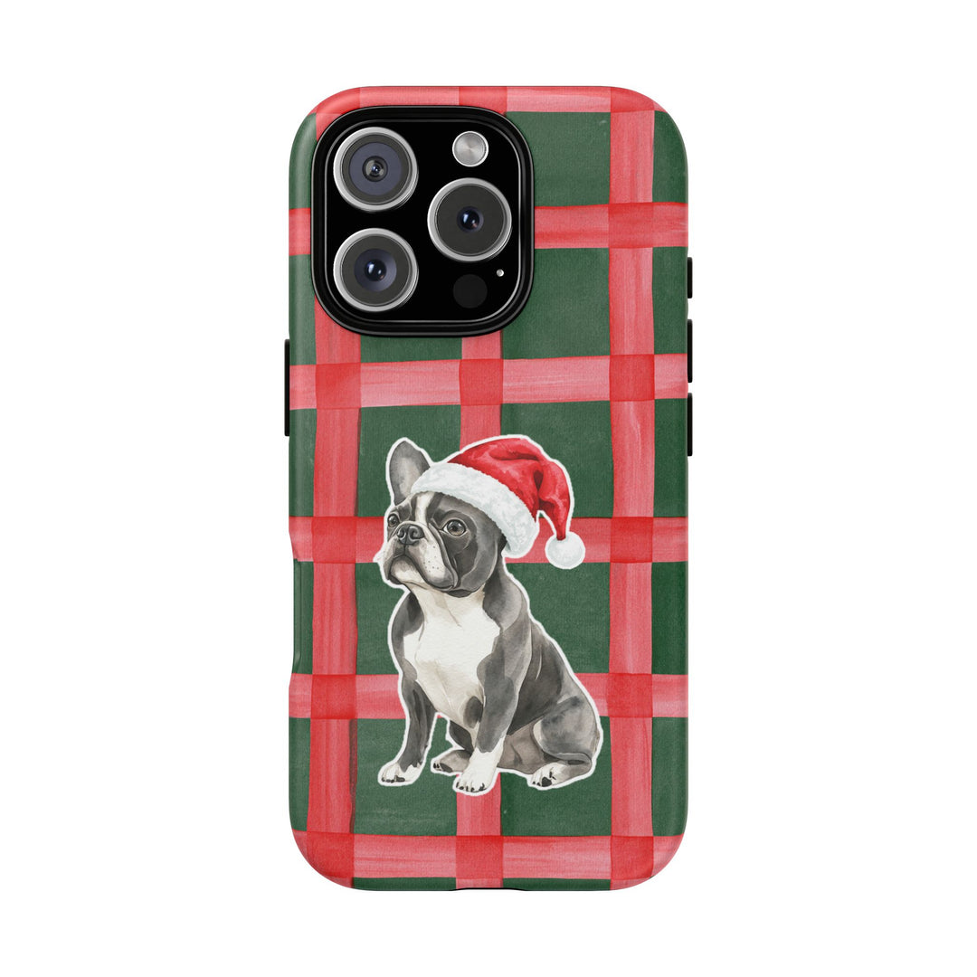French Bulldog Christmas Tough iPhone Case, Red Green Plaid, Santa Dog Phone Cover