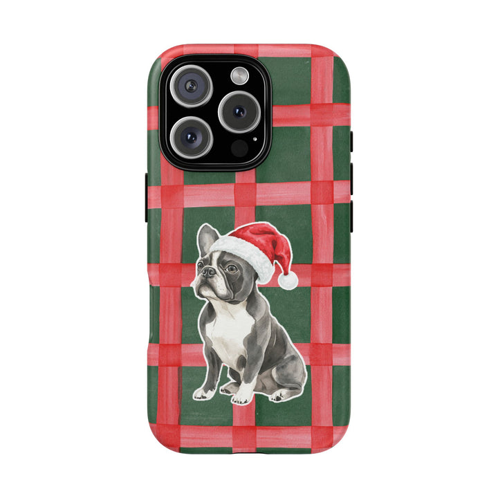 French Bulldog Christmas Tough iPhone Case, Red Green Plaid, Santa Dog Phone Cover