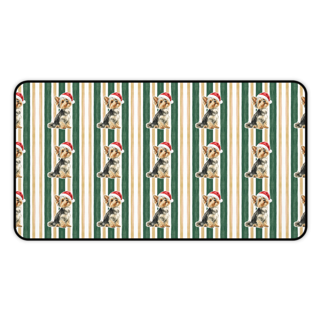 Yorkshire Terrier Christmas Desk Mat, Green Gold Stripes, Santa Dog Desk Pad