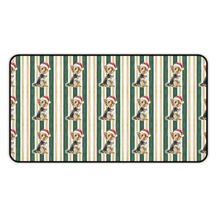 Yorkshire Terrier Christmas Desk Mat, Green Gold Stripes, Santa Dog Desk Pad
