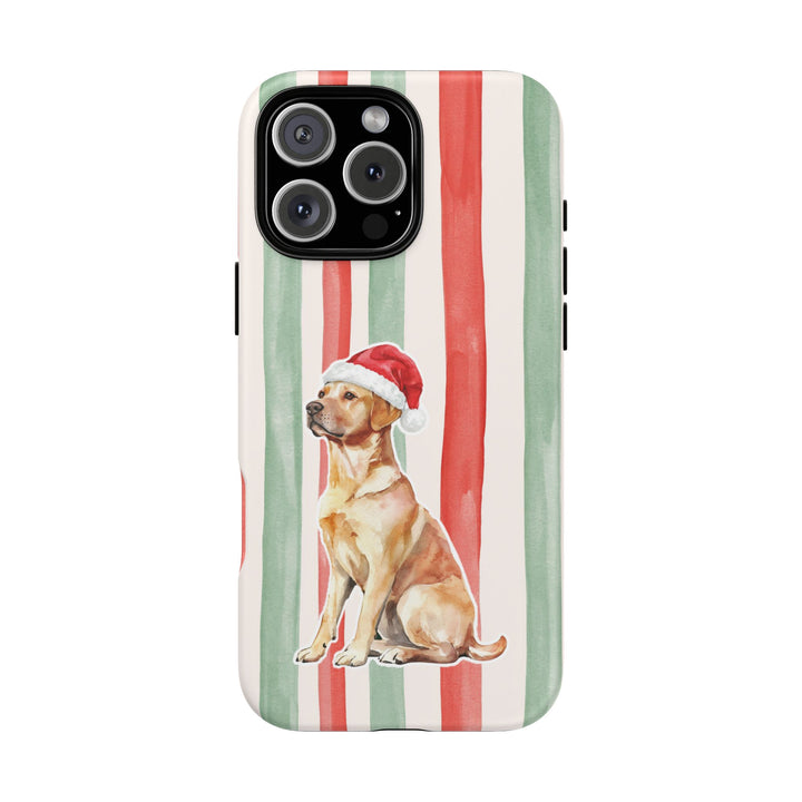 Yellow Labrador Christmas Tough iPhone Case, Red Sage Stripes, Santa Dog Phone Cover