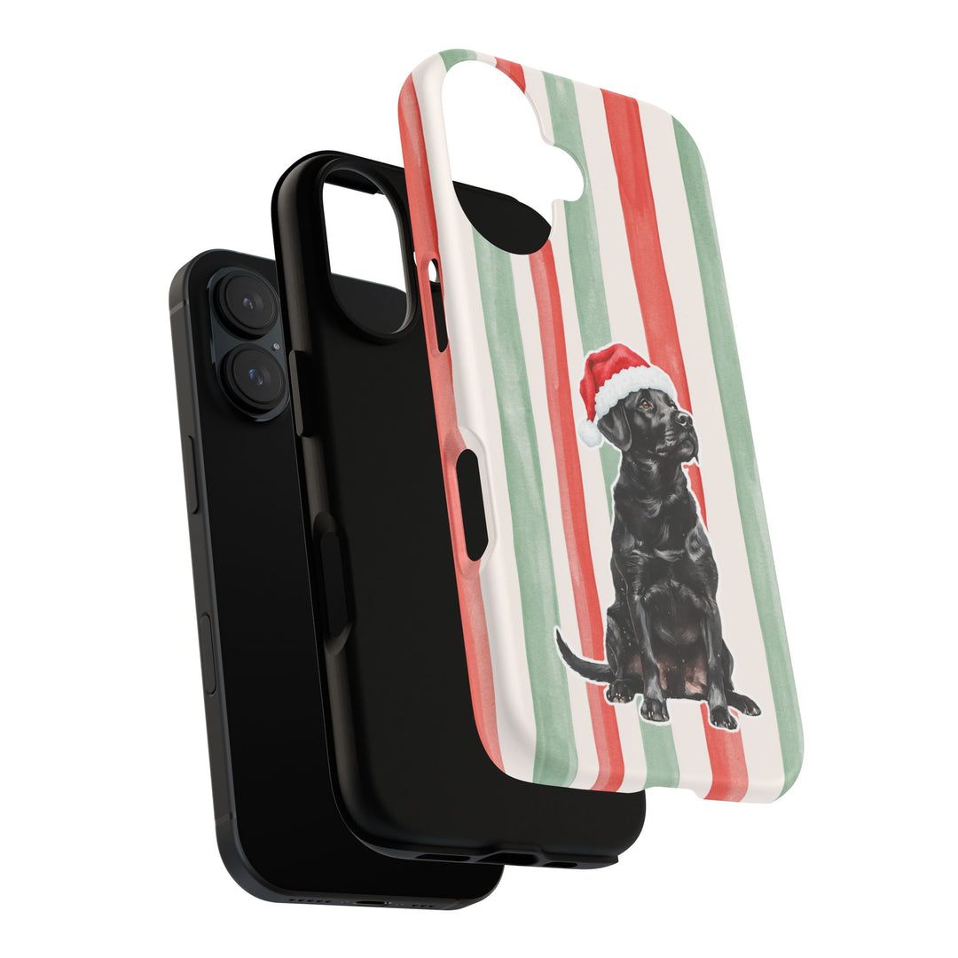Black Labrador Christmas Tough iPhone Case, Red Sage Stripes, Santa Dog Phone Cover