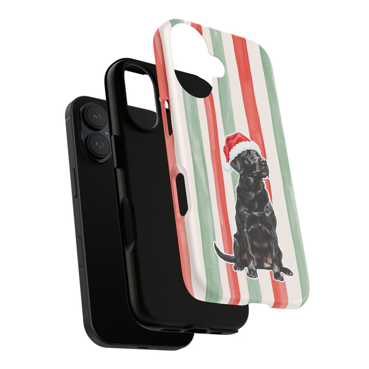 Black Labrador Christmas Tough iPhone Case, Red Sage Stripes, Santa Dog Phone Cover