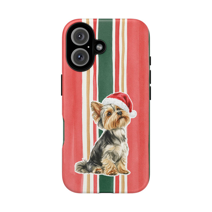 Yorkshire Terrier Christmas Tough iPhone Case, Classic Red Green Stripes, Santa Dog Phone Cover