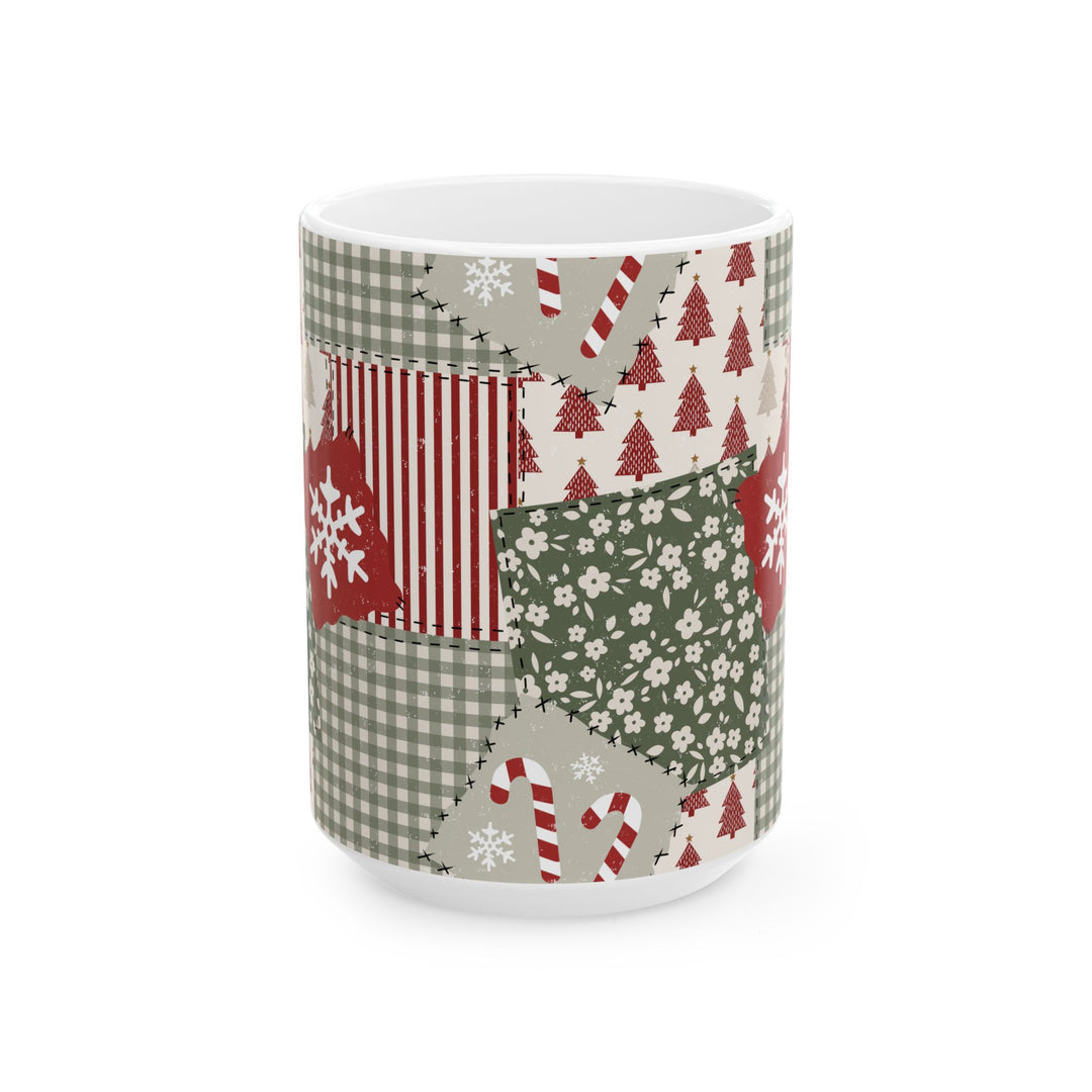 Christmas Patchwork Ceramic Mug, Red Sage Floral Gingham Coffee Cup, Rustic Holiday Gift, 11oz and 15oz