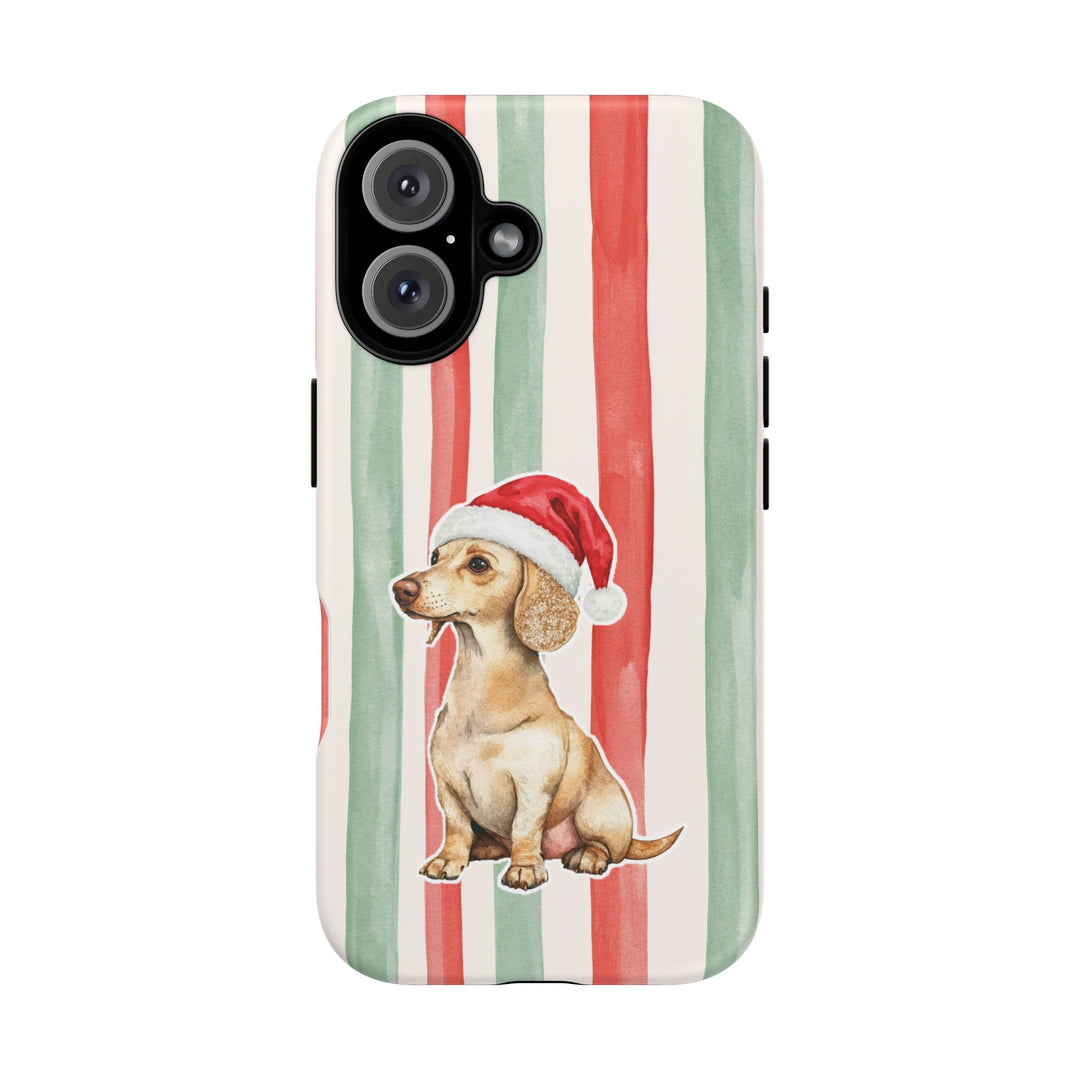 Dachshund Christmas Tough iPhone Case, Red Sage Stripes, Santa Dog Phone Cover