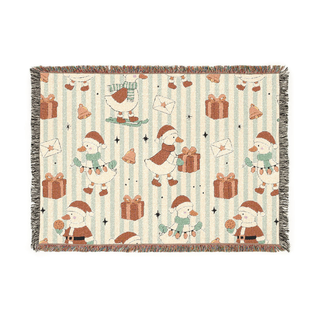 Christmas Goose Woven Blanket, Cute Holiday Geese Cotton Throw, Sage Stripe Christmas Sofa Decor