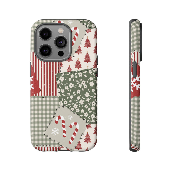 Christmas Patchwork Tough iPhone Case, Red Sage Floral Gingham Holiday Phone Cover, Matte or Glossy
