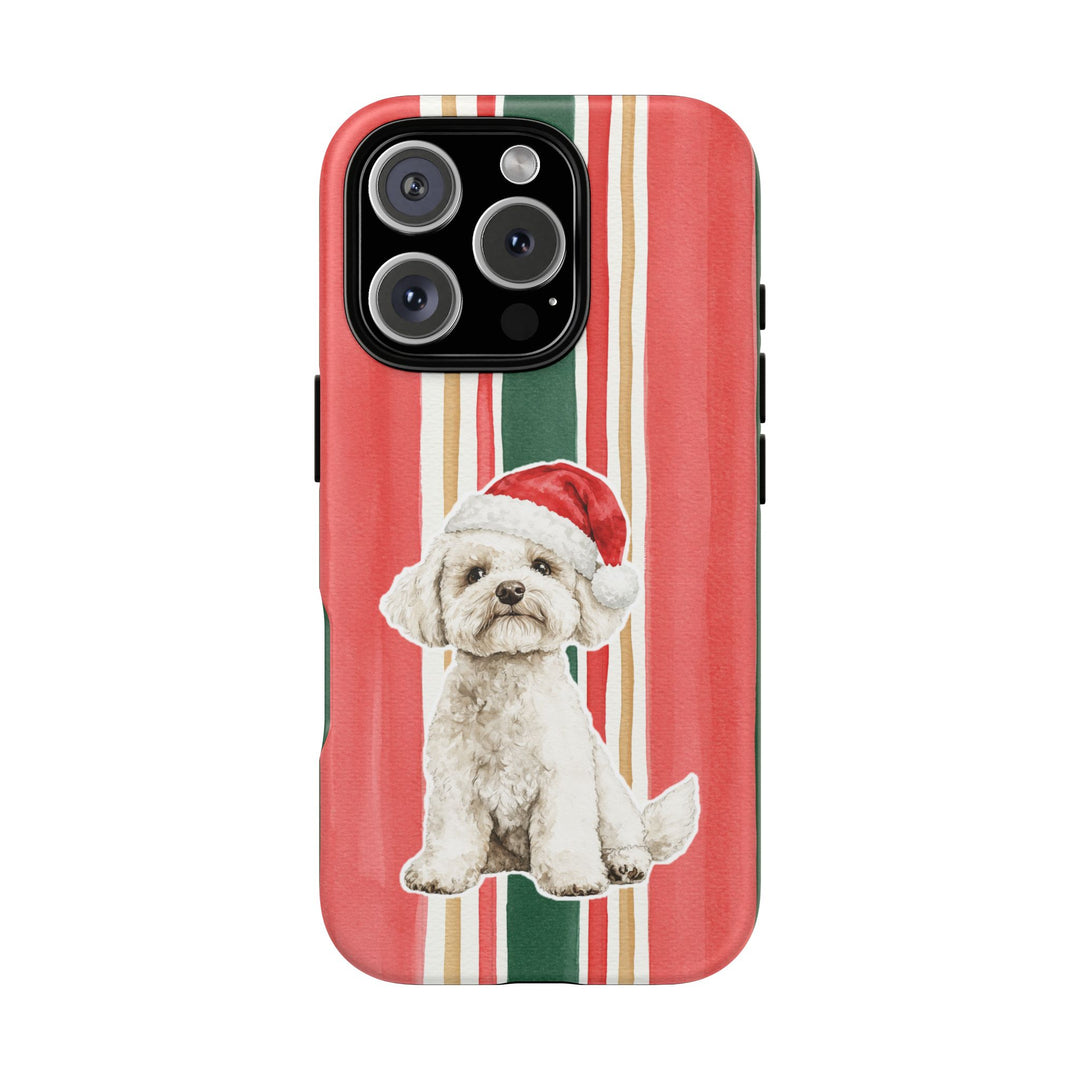 Maltese Christmas Tough iPhone Case, Classic Red Green Stripes, Santa Dog Phone Cover