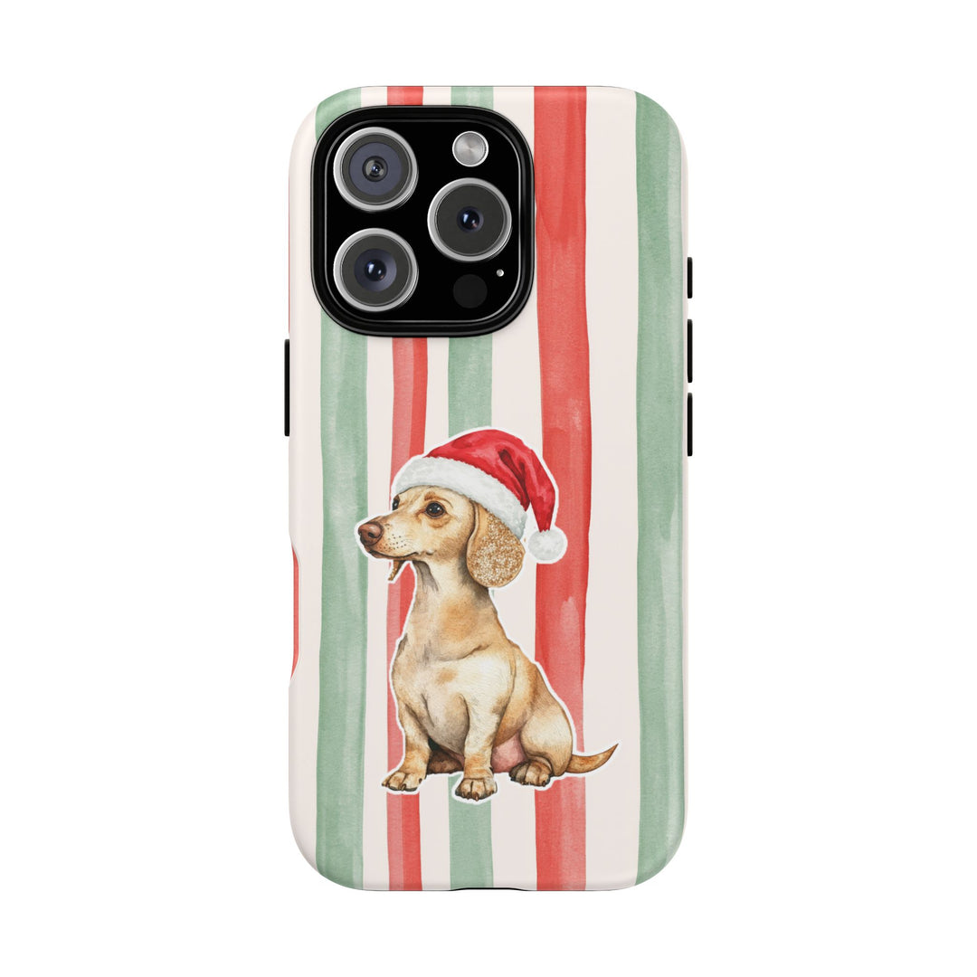 Dachshund Christmas Tough iPhone Case, Red Sage Stripes, Santa Dog Phone Cover