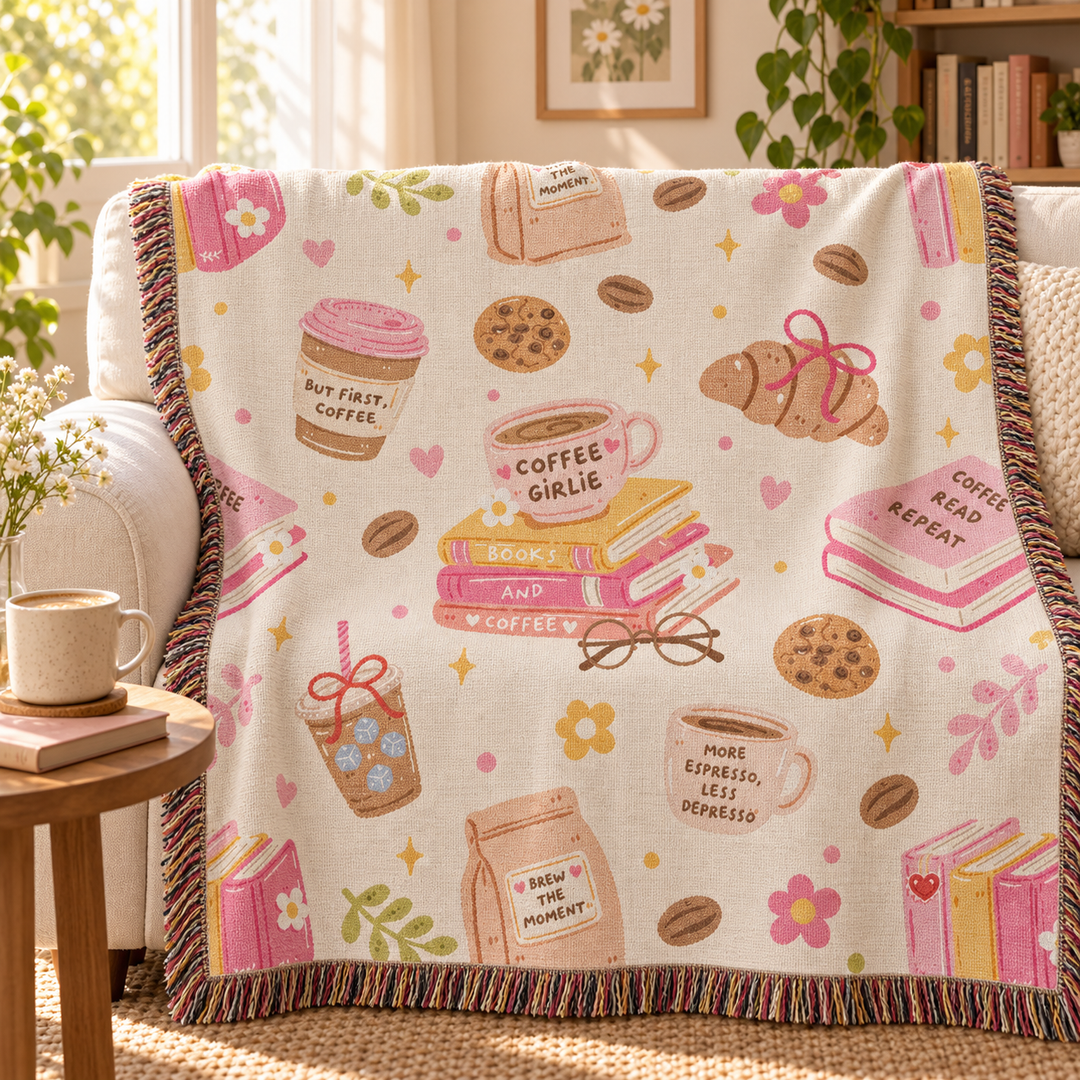 Coffee and Books Woven Blanket, Pastel Pink Cotton Throw, Cozy Book Lover Gift