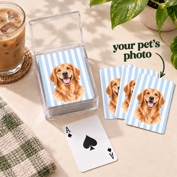 Custom Watercolor Dog Playing Cards, Light Blue White Stripes, Personalized Pet Photo Poker Deck
