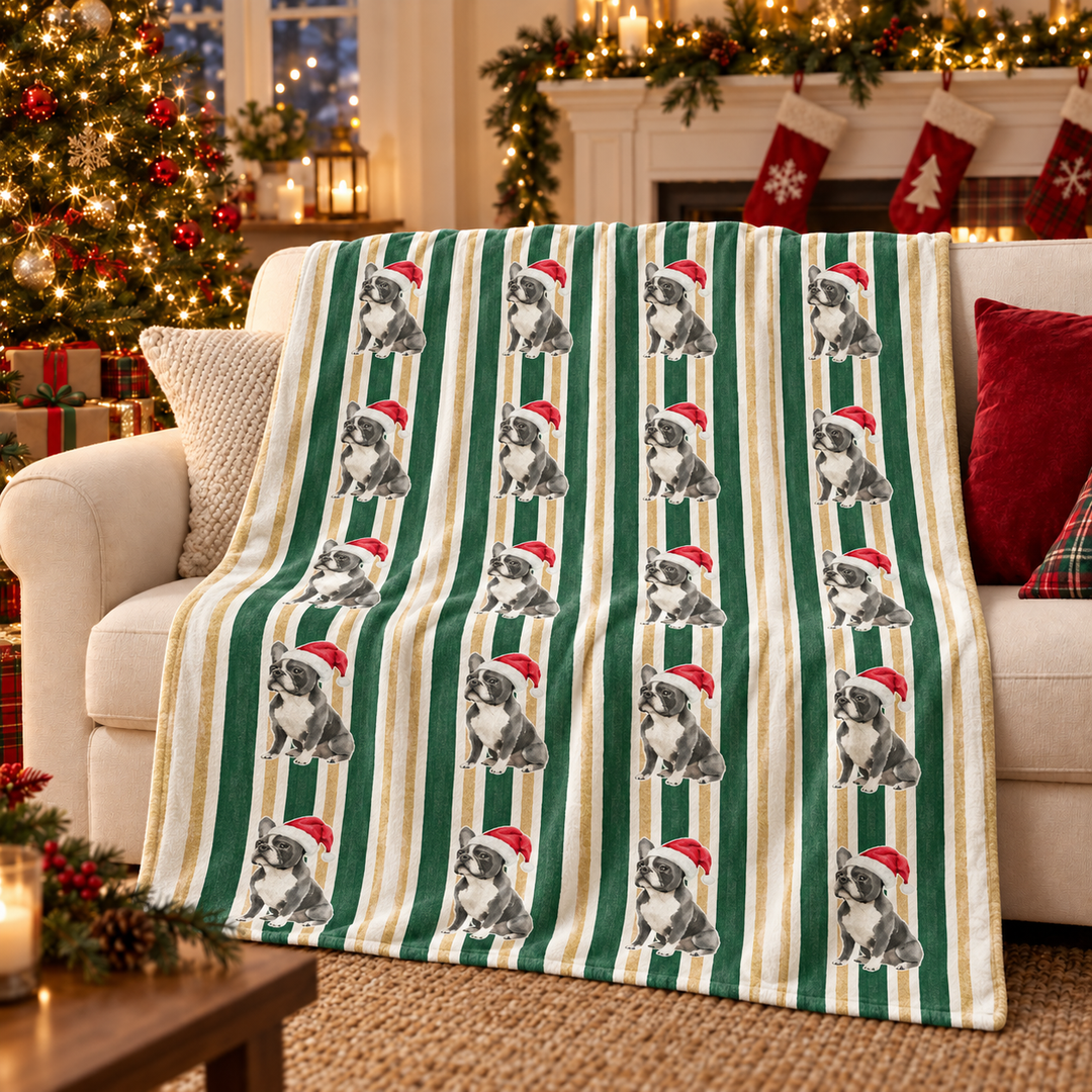 French Bulldog Christmas Velveteen Plush Blanket, Green Gold Stripes, Santa Dog Throw