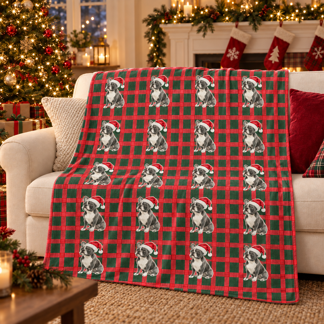French Bulldog Christmas Velveteen Plush Blanket, Red Green Plaid, Santa Dog Throw