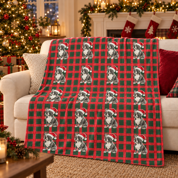French Bulldog Christmas Velveteen Plush Blanket, Red Green Plaid, Santa Dog Throw