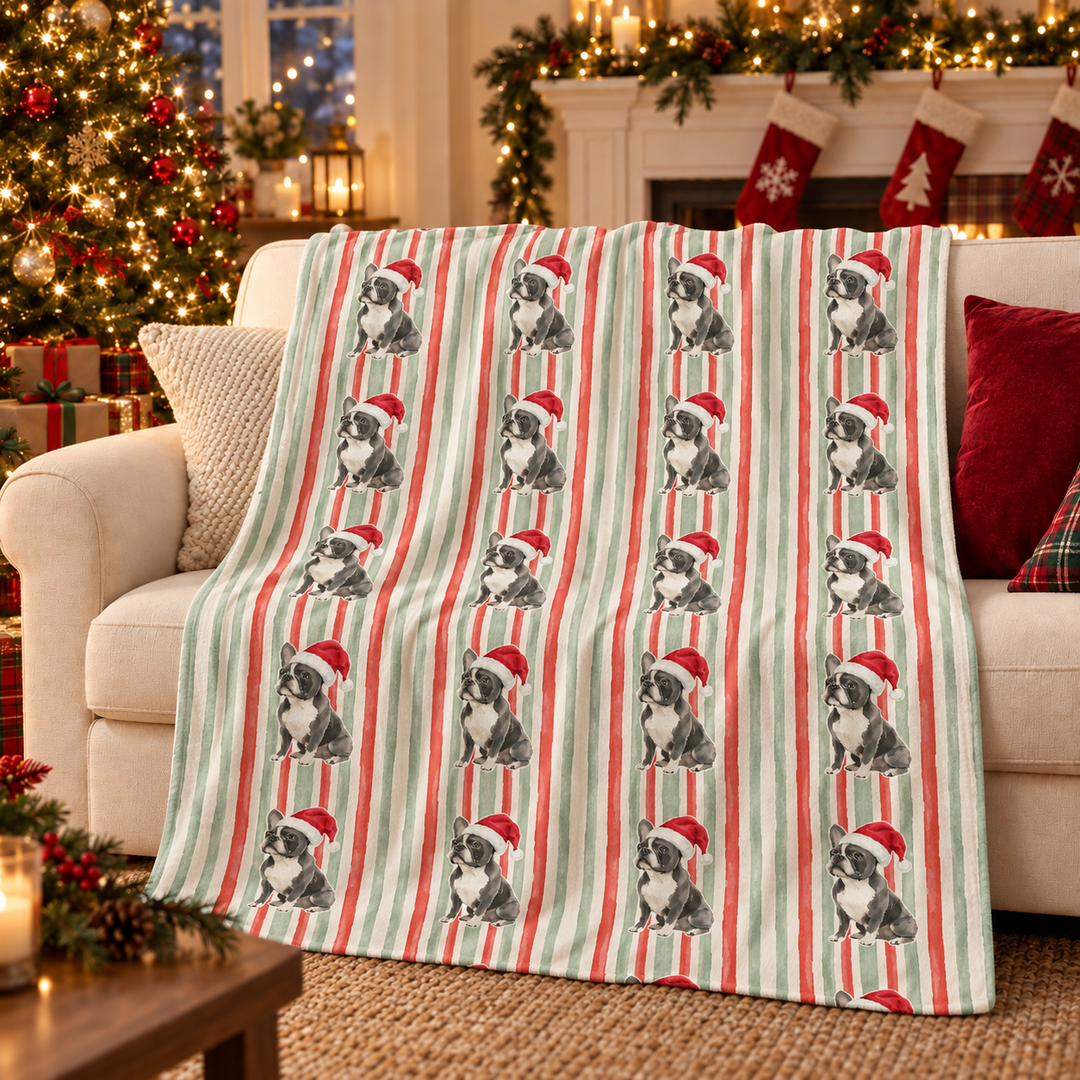 French Bulldog Christmas Velveteen Plush Blanket, Red Sage Stripes, Santa Dog Throw