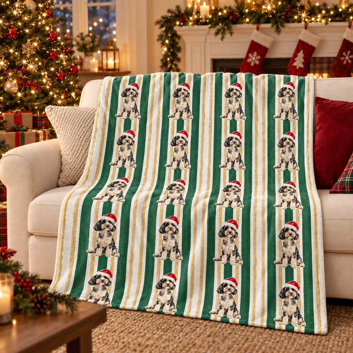 Doodle Christmas Velveteen Plush Blanket, Green Gold Stripes, Santa Dog Throw